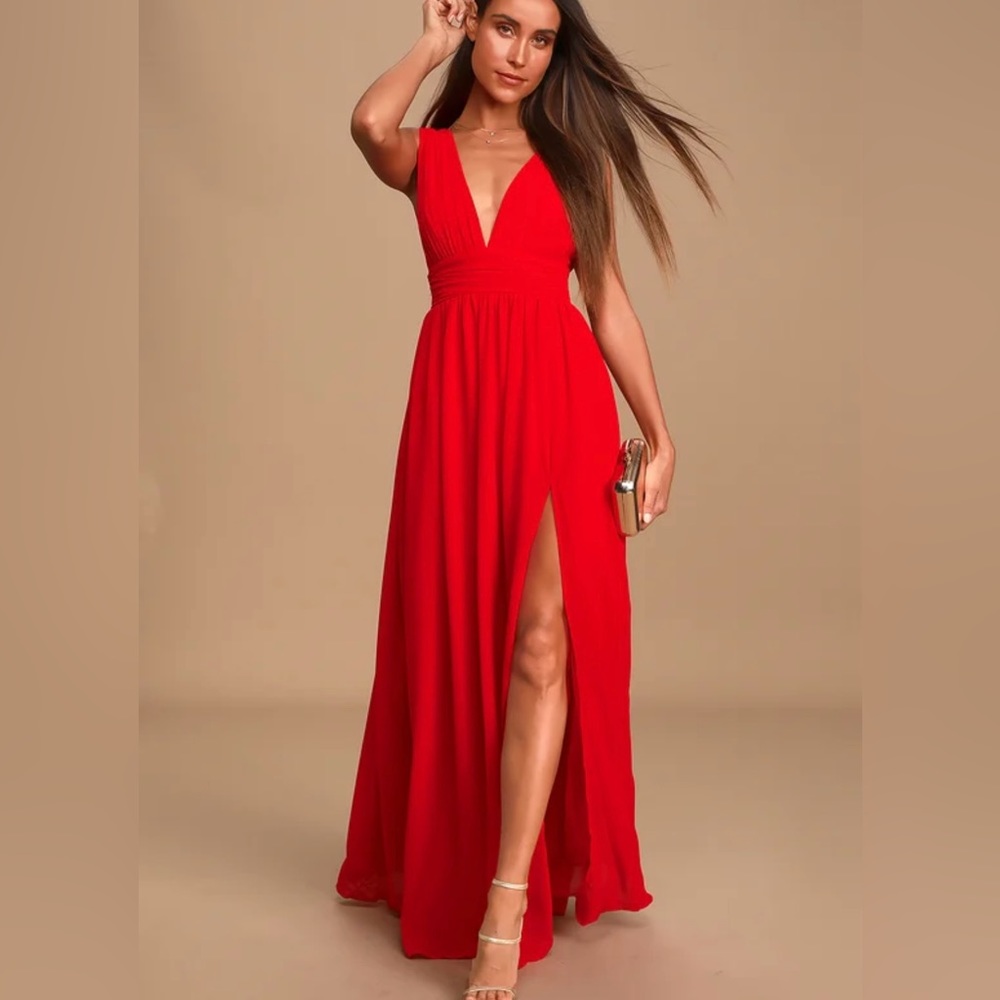 Lulu’s heavenly hues long red v neck chiffon maxi dress